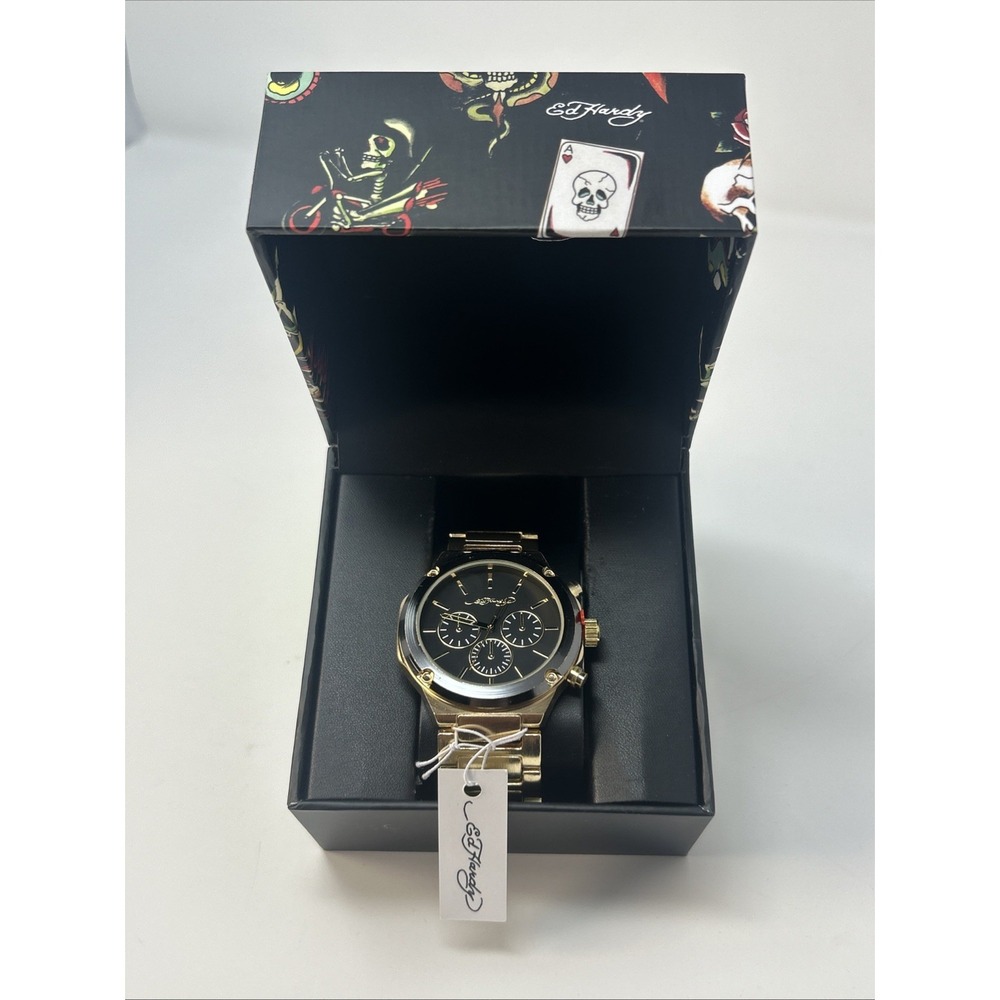 NIB Ed Hardy Men's Gold Tone Chronograph Watch Black Dial ($95 Retail)